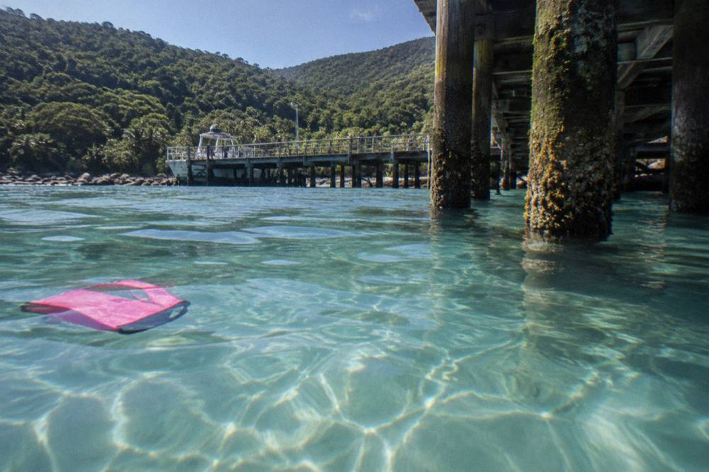 A sheltered bay with a timber jetty and calm clear water over sandy shallows