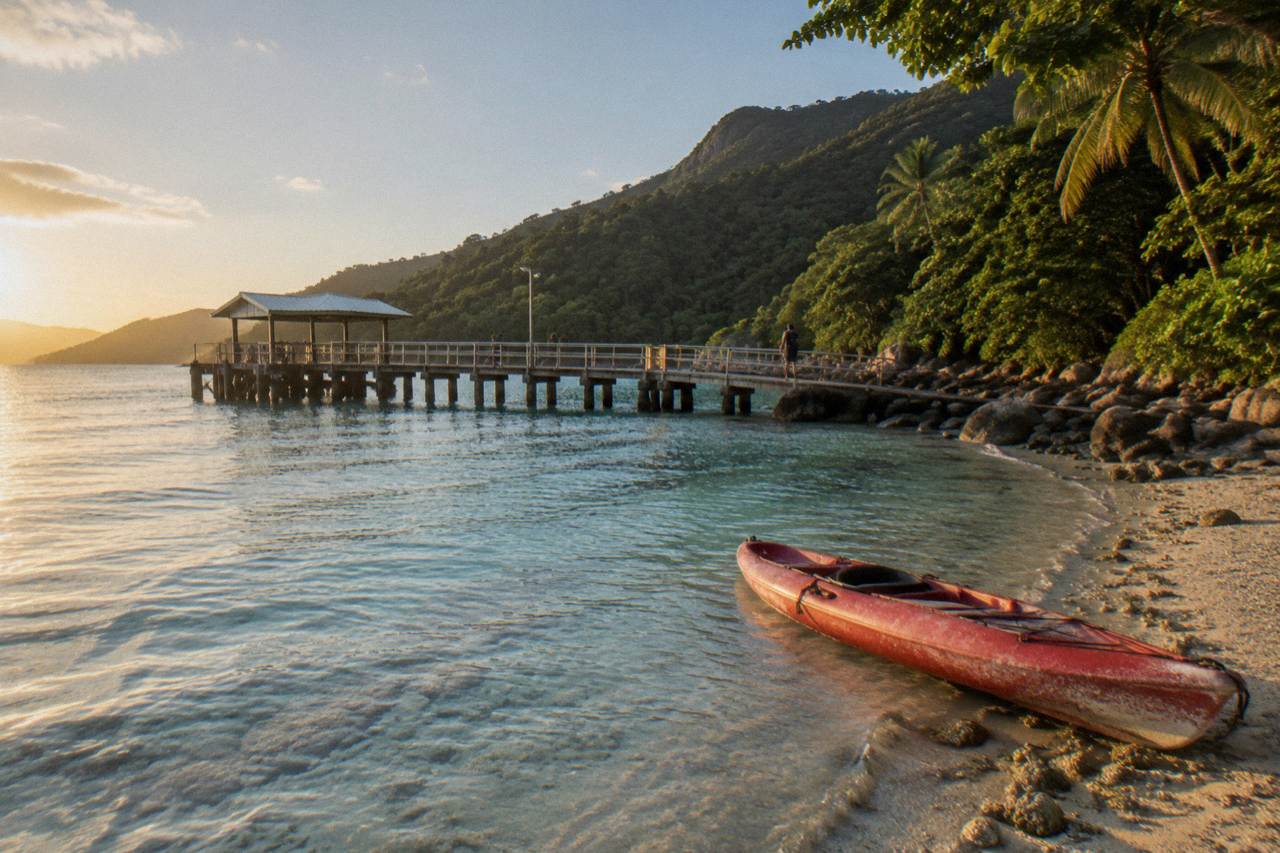 Calm turquoise water over coral reef beside a forested tropical island shoreline