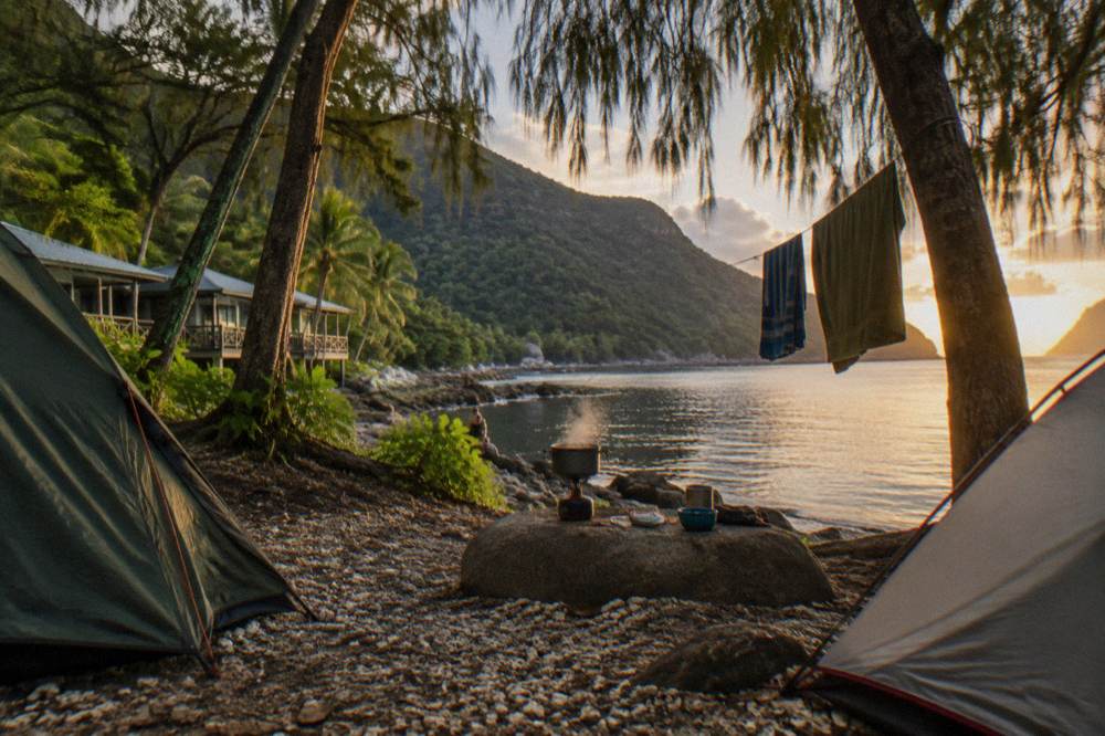 A small beachfront campground with tents pitched under trees beside a calm bay at golden hour