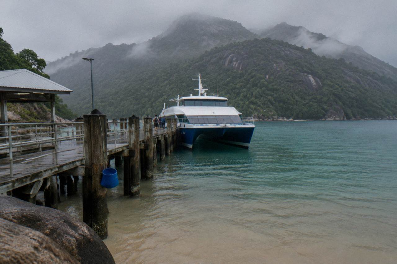 A catamaran ferry moored at a tropical island jetty with rainforest covered hills behind it