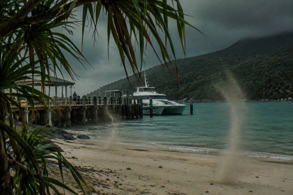 A catamaran ferry moored at a jetty with rainforest covered slopes behind it