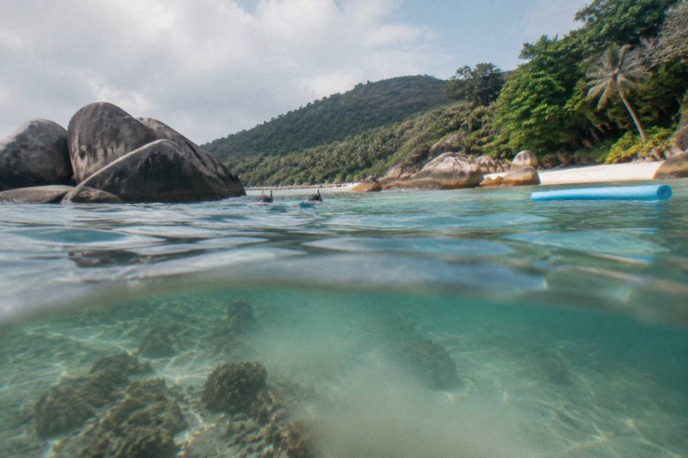 Snorkellers floating over shallow coral in a sheltered bay
