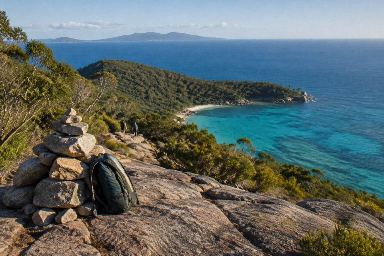 Calm turquoise water and forested granite slopes above a coral beach on a tropical island