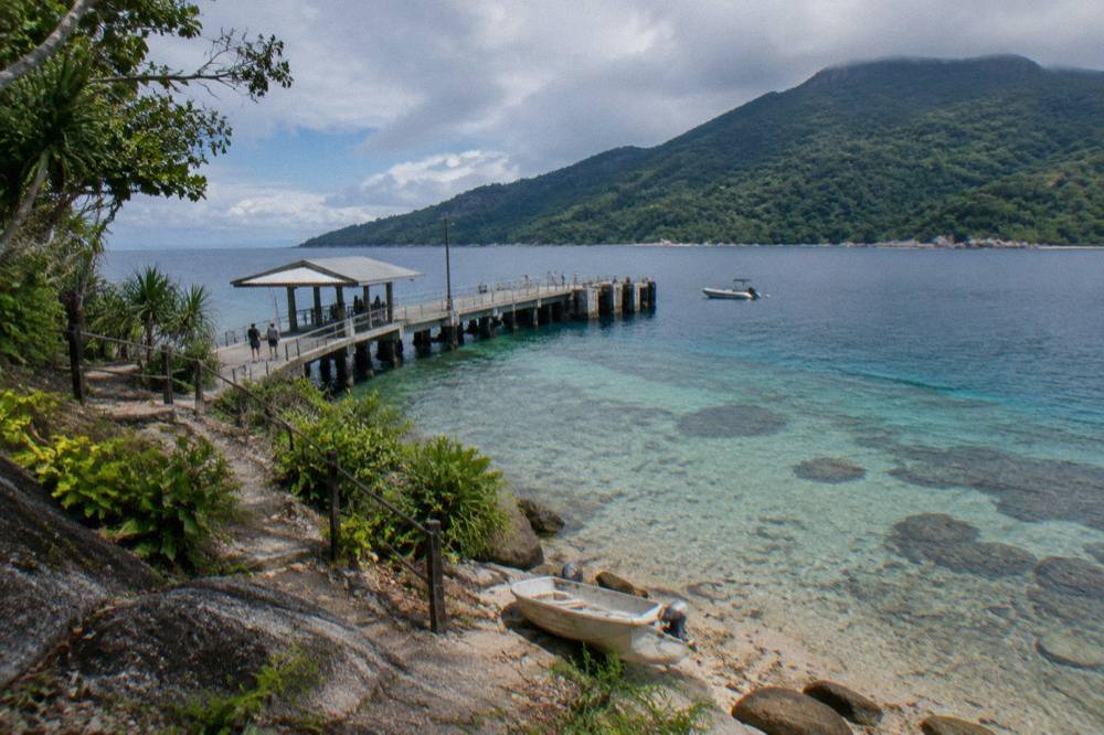 Sheltered bay with clear shallow water over coral and rainforest behind the beach