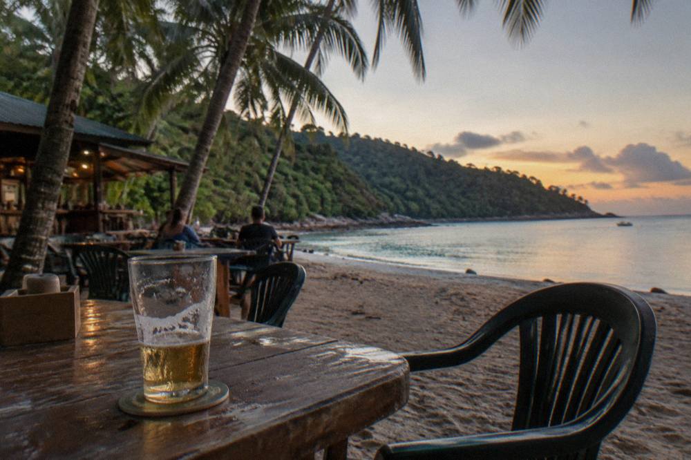 Beachfront bar tables under palm trees looking across a sheltered bay