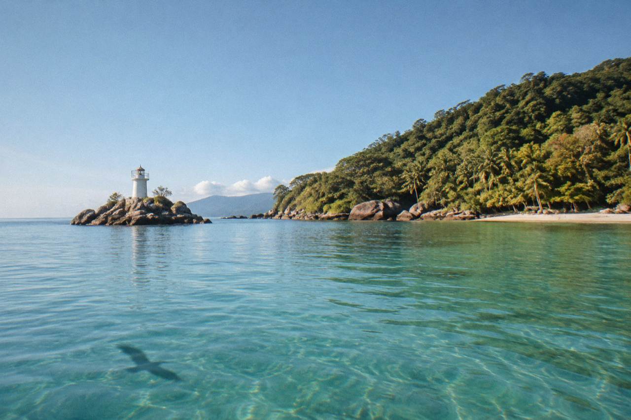 Calm turquoise water and forested headland at a tropical island beach in morning light