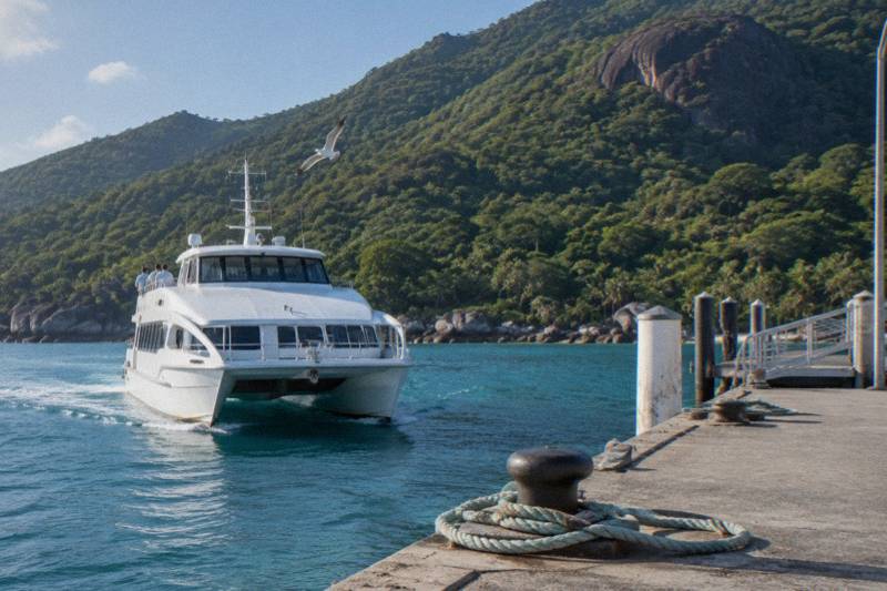 A passenger ferry approaching the jetty at Fitzroy Island with forested granite hills behind
