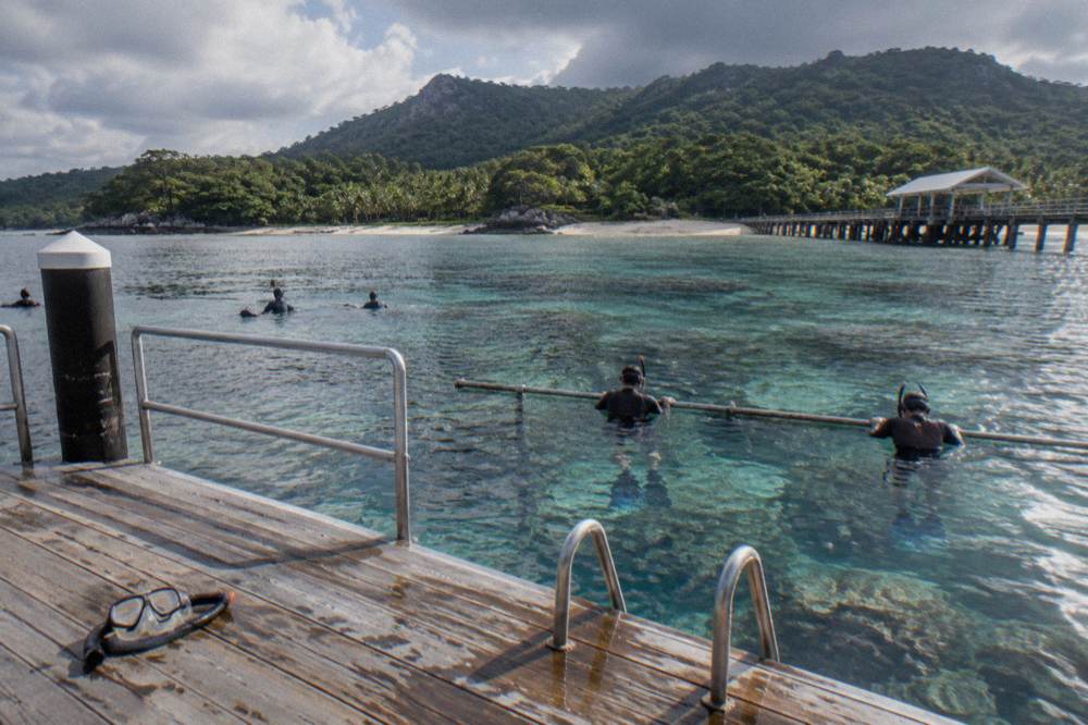 Snorkellers in lycra suits beside a floating pontoon on open reef water