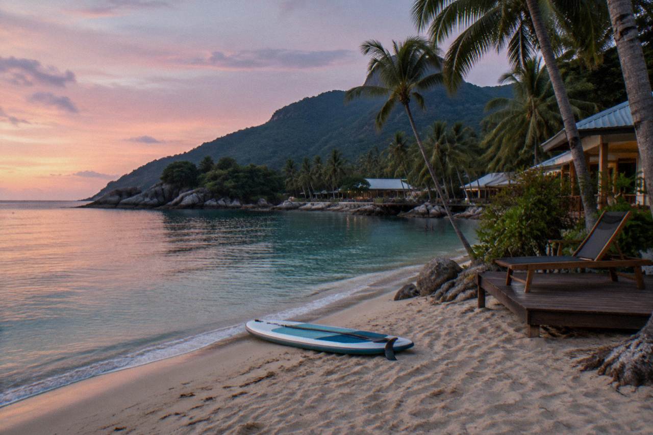 Calm turquoise water around a tropical island coastline with forested hills