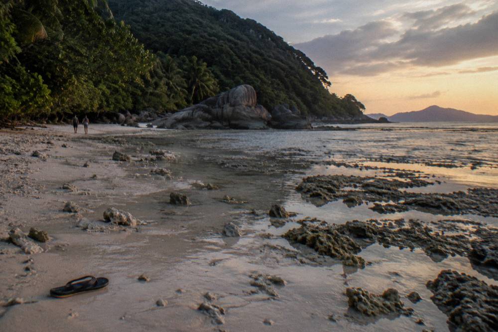 White coral sand beach bordered by rainforest and granite boulders at a tropical island