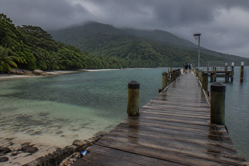 Timber jetty extending over clear shallow water with rainforest covered hills behind