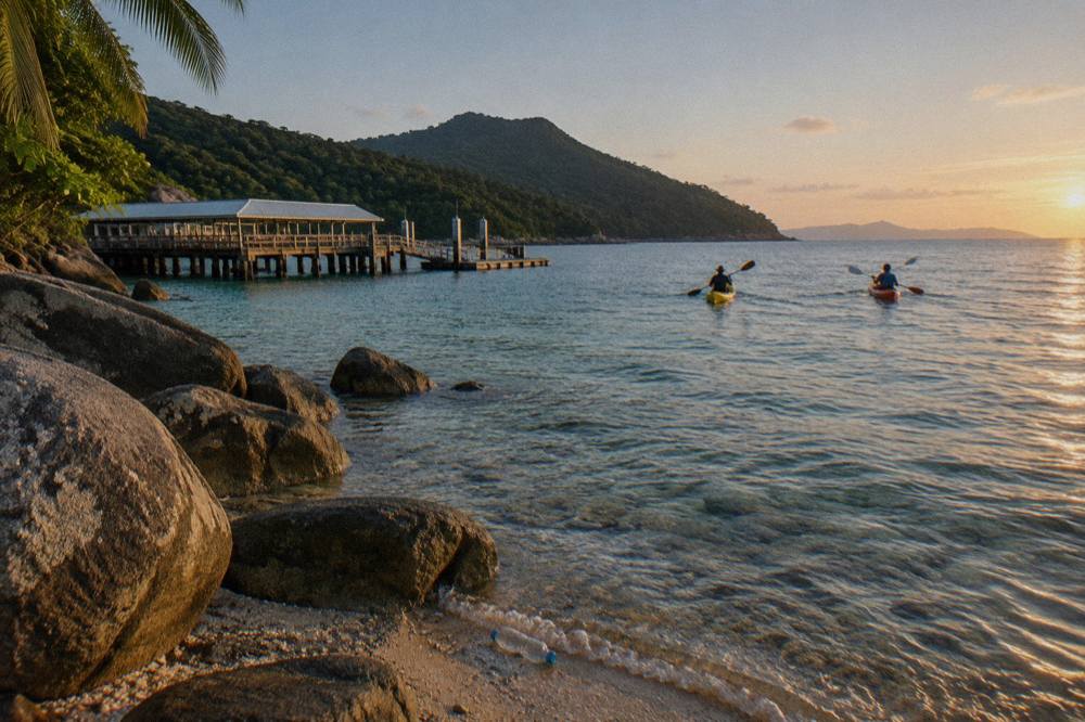 Clear shallow water and coral reef along a sheltered tropical island bay