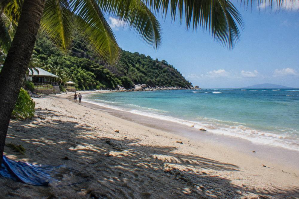 Coral beach and calm water of Welcome Bay with rainforest covered slopes behind