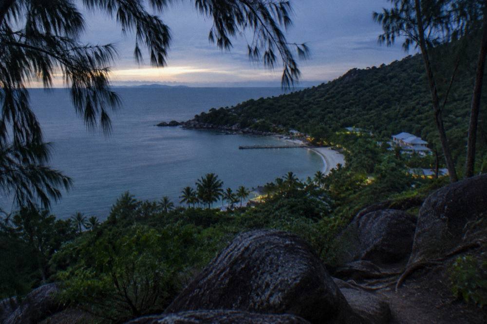 View over Welcome Bay from a forested slope with the Coral Sea horizon beyond