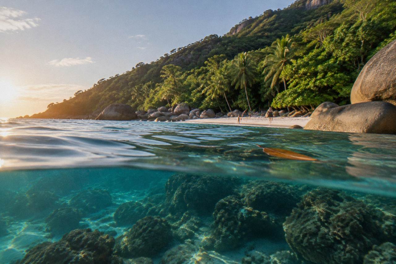 Calm turquoise water over coral reef beside a rainforest covered island