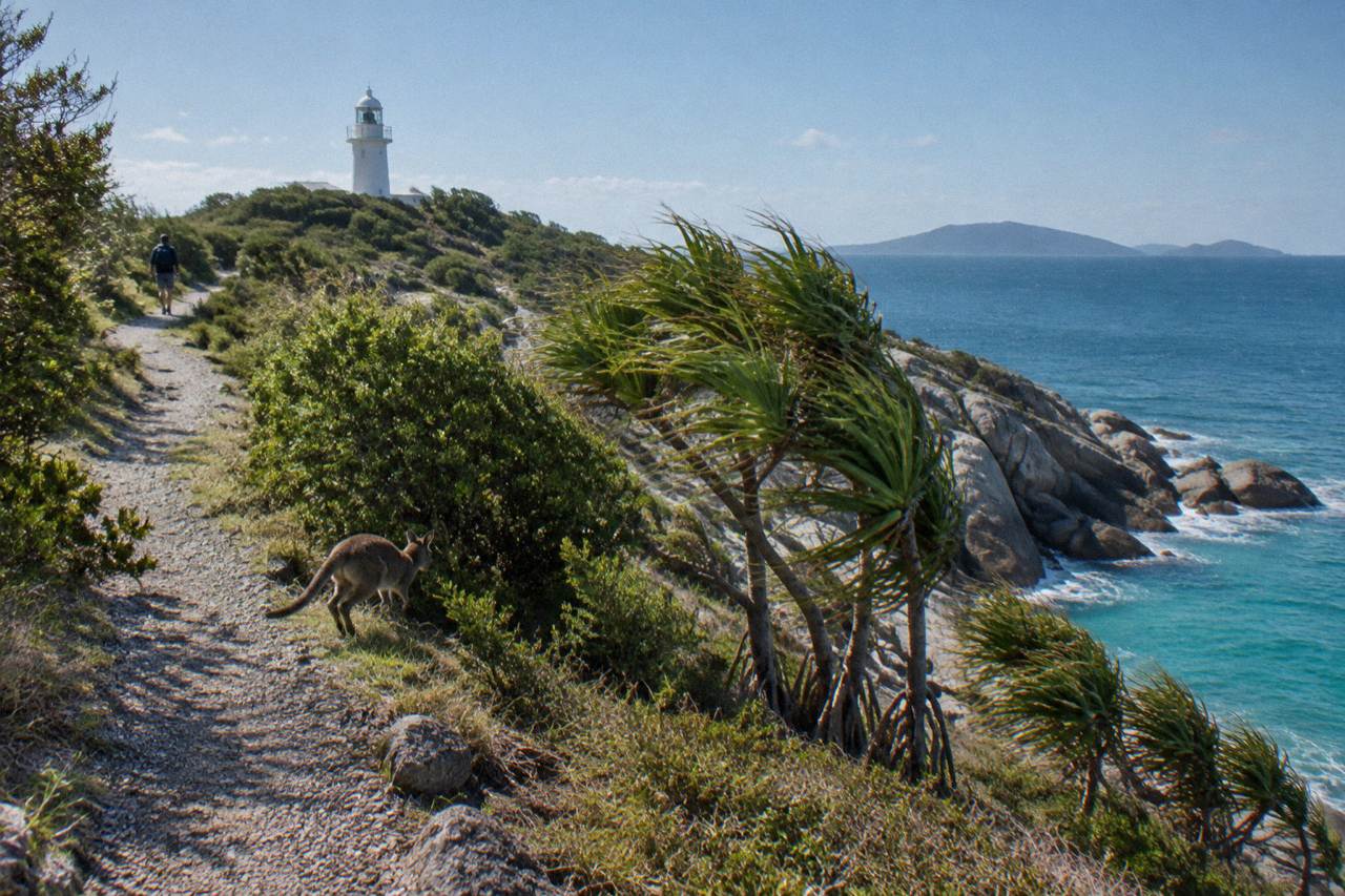 Granite headland and turquoise water of a tropical island bay seen from a walking track