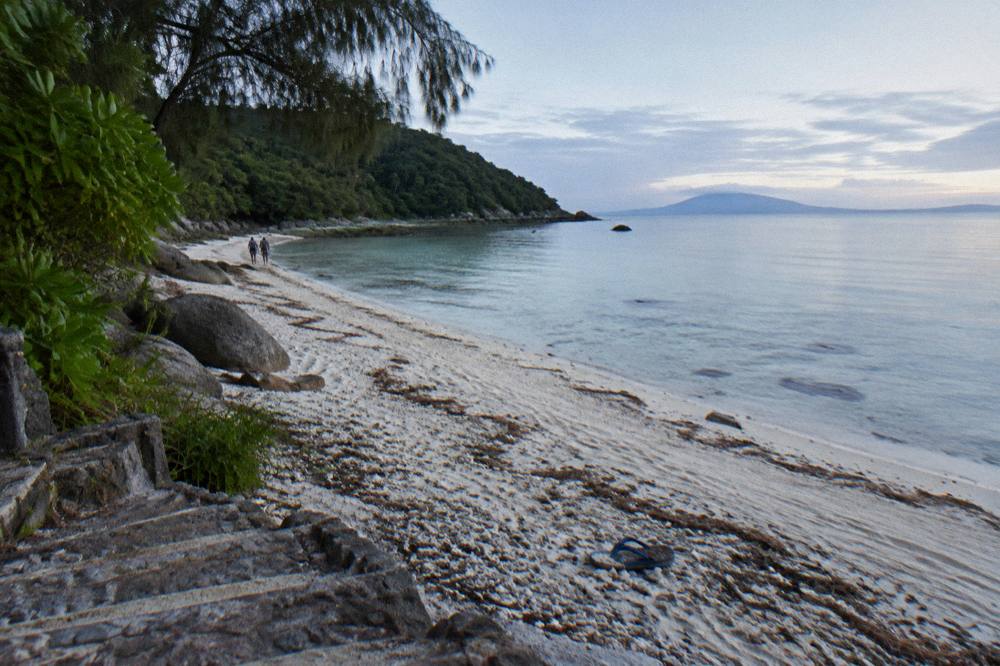 A white sand beach with coral rubble and clear shallow water at the end of a track
