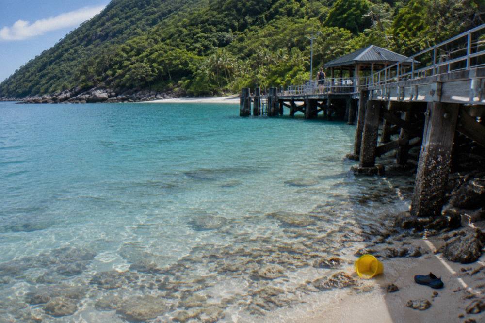 Sheltered bay with turquoise shallows, a jetty and rainforest covered slopes