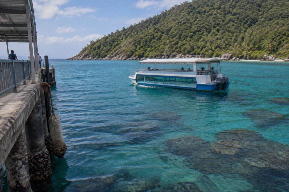 Glass-bottom boat drifting over coral in clear shallow water beside a forested island