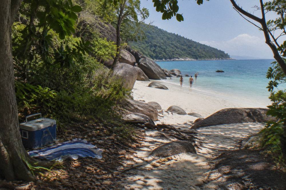 White coral sand beach with clear shallow water and granite boulders under rainforest