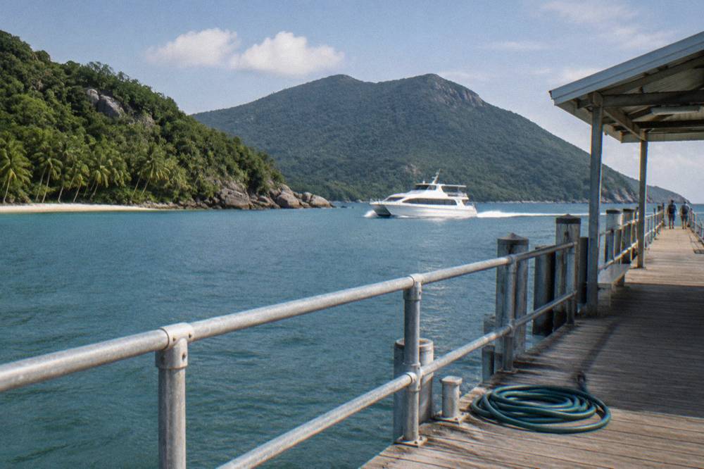 Fast catamaran ferry approaching an island jetty across calm blue sea