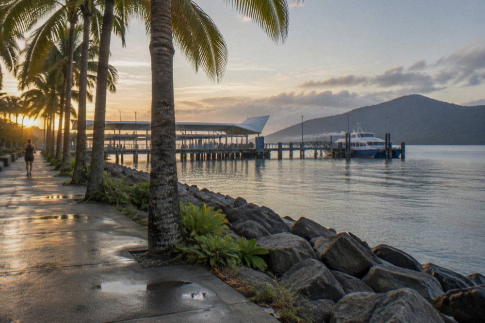 Palm-lined Cairns esplanade walkway beside the water in early morning light